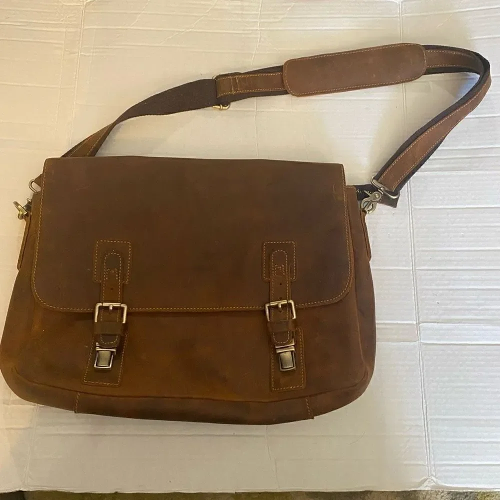 KATTEE Brown‎ Leather Messenger Shoulder Bag Distressed 14.5X3.5X10